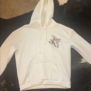 White Hoodie with Floral Bull Skull Design